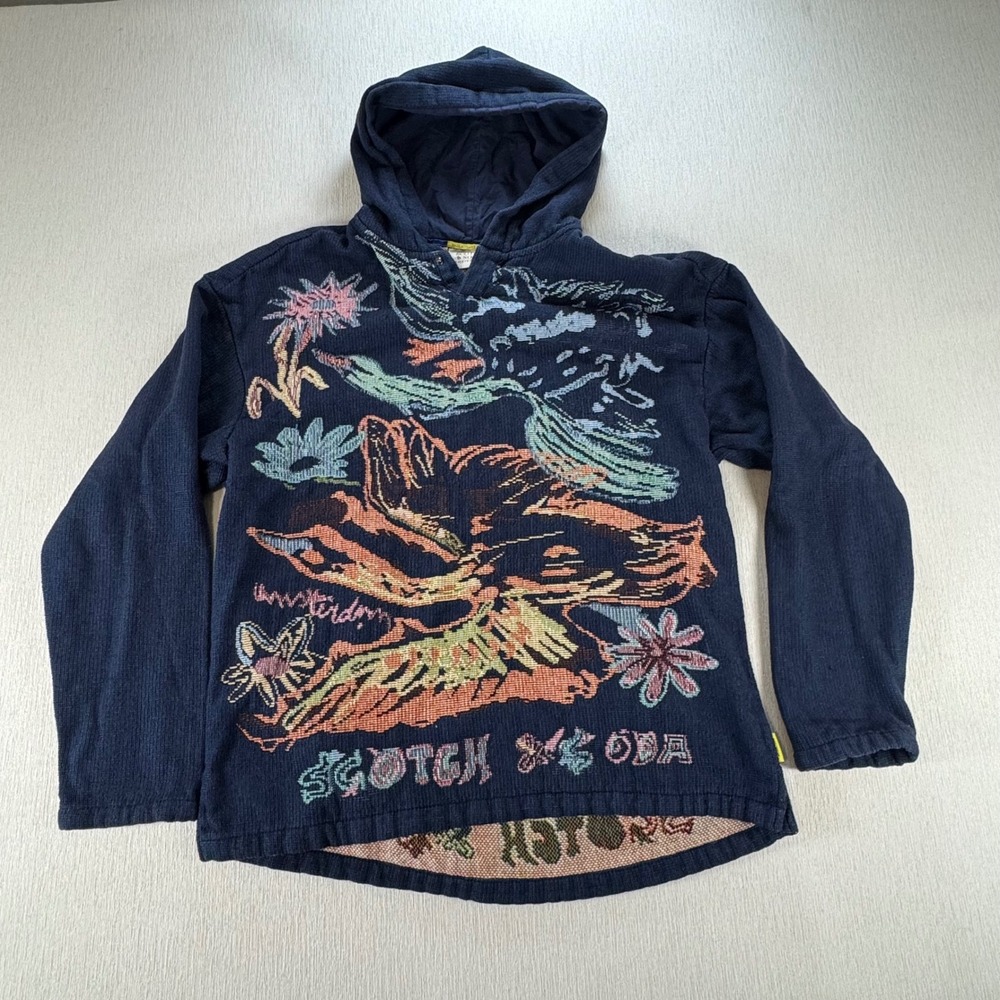 Scotch & Soda Amsterdam Men XL Navy Tapestry Graphic Hoodie Colorful Beach Rave